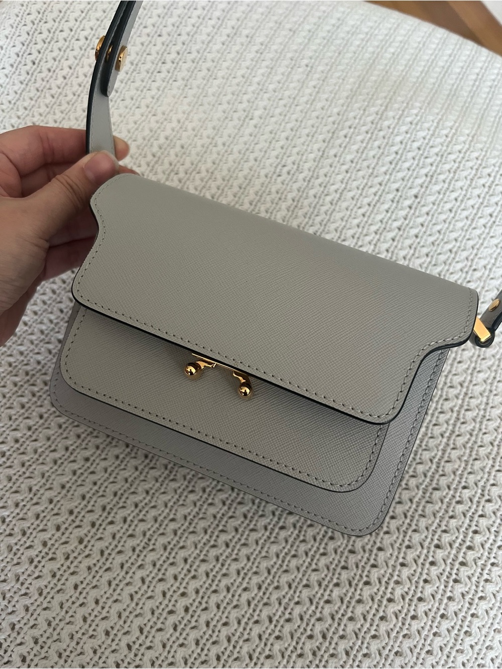 Marni Mini Trunk Shoulder Bag in Saffiano leather off white / light grey gold